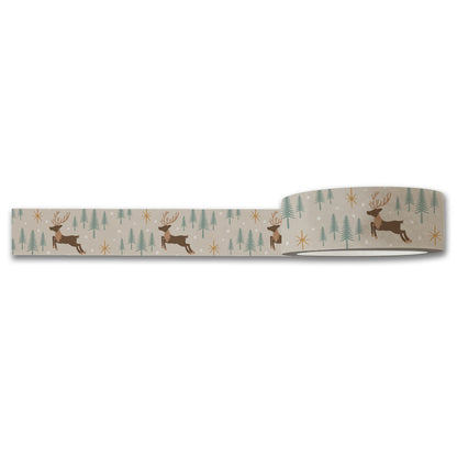 Reindeer Forest JOY Christmas washi tape partly unrolled: leaping reindeer and tiny pines
