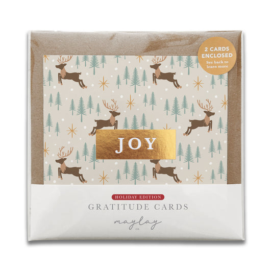 Reindeer Forest JOY Christmas gratitude cards in clear packaging, set of 2 with kraft envelopes