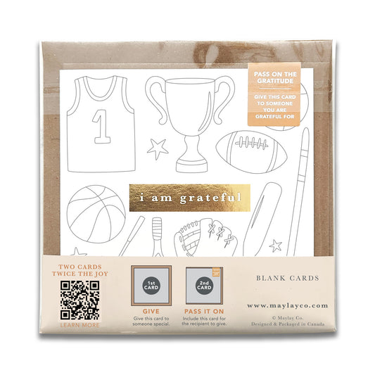Kids Sports "I Am Grateful" Gratitude Greeting Cards (Set of 2) — Colour-Your-Own Pay-It-Forward Thank You Cards