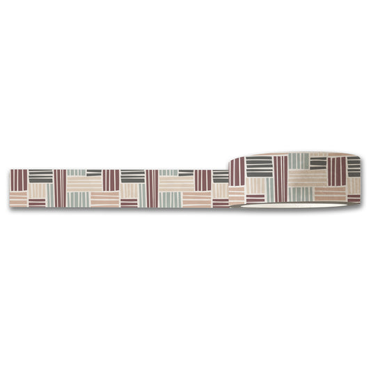 The Basketweave Washi Tape by Maylay Co. features a long, patterned fabric strip with an abstract design of rectangular shapes in shades of brown, beige, green, and black on a white background, making it perfect for enhancing your scrapbooking projects or as decorative washi tape.