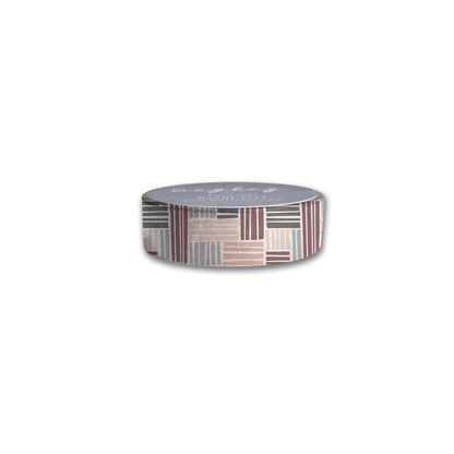 The Basketweave Washi Tape by Maylay Co. features a geometric pattern of horizontal and vertical lines in shades of pink, gray, and green. This charming tape is perfect for scrapbooking projects and is displayed against a pristine white background.