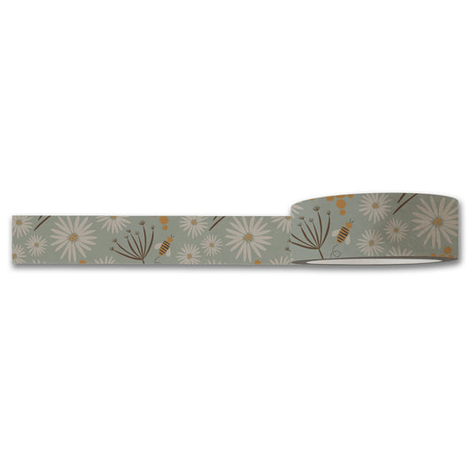 The "Bees Floral Washi Tape" by Maylay Co. is a charming roll of decorative tape featuring a green background embellished with white daisies, golden stems, and buzzing bees, making it perfect for scrapbooking.