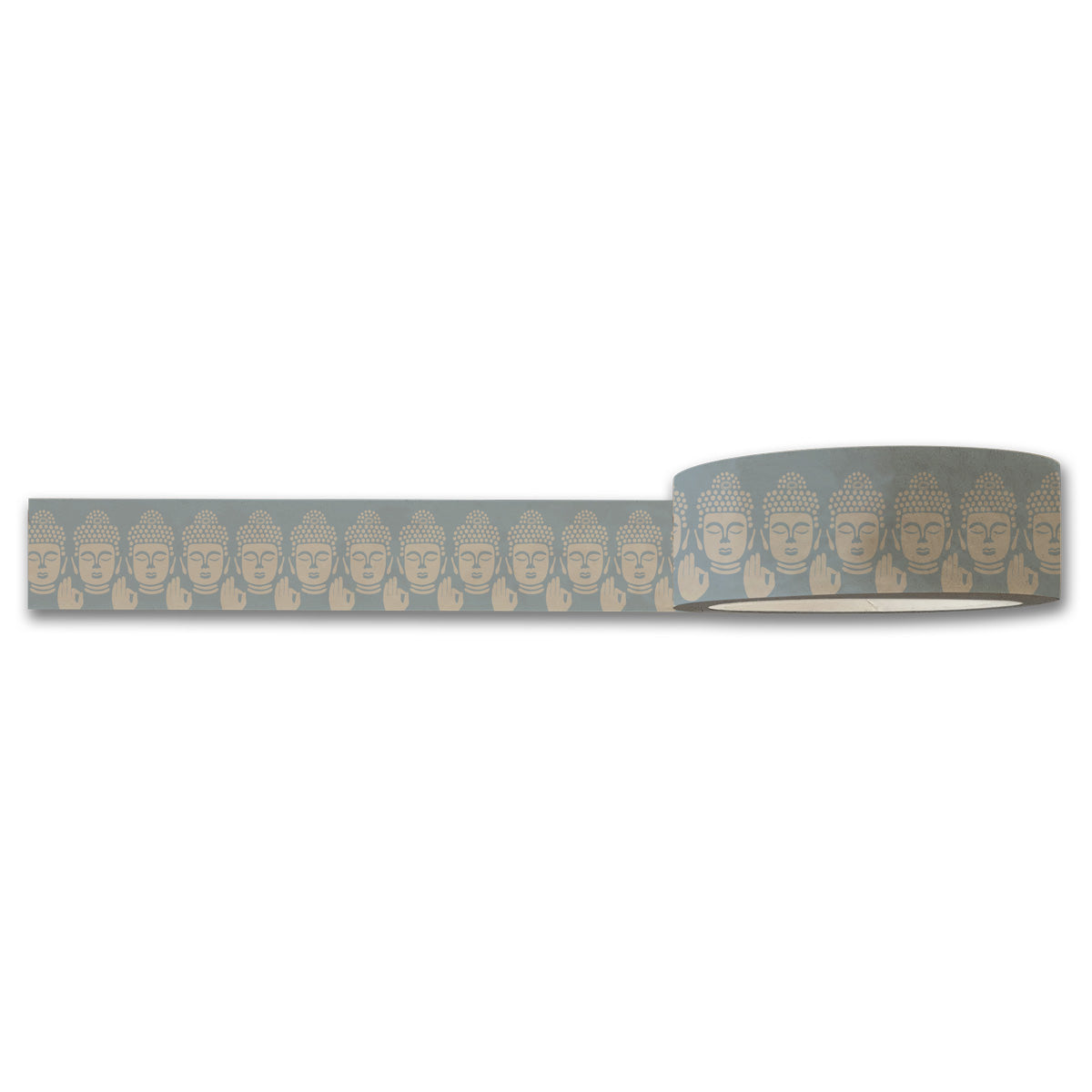 A roll of the "Be Still Washi Tape" by Maylay Co. showcases a pattern of stylized Buddha faces in light hues set against a grayish background, with the tape partially unrolled to reveal its elegant design.