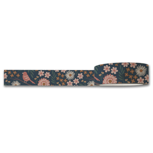 Introducing the Birdy Washi Tape by Maylay Co., showcasing a delightful floral pattern with pink and white flowers, green leaves, and a pink bird on a dark background. Ideal for scrapbooking or journaling, this decorative tape is partially rolled at one end.