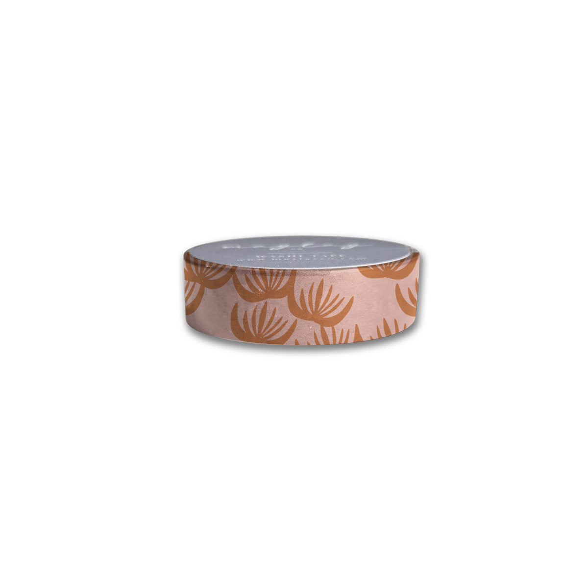 The Block Print Floral Washi Tape by Maylay Co. showcases a striking design of orange palm leaves against a light brown background. Ideal for scrapbooking or journaling, this delightful tape stands out beautifully against a white backdrop.