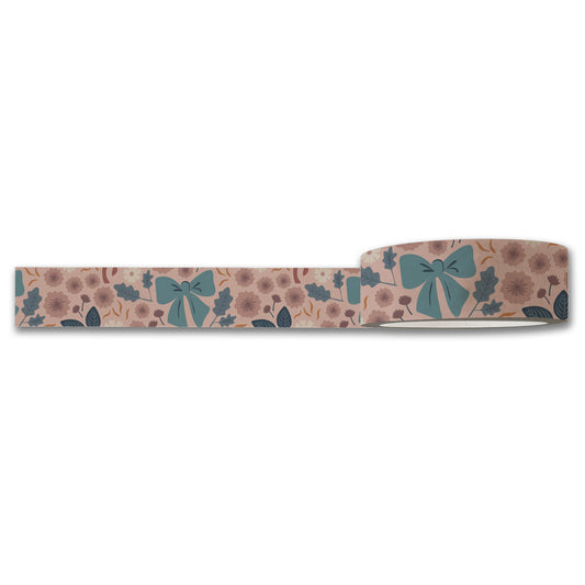 Product Description: Introducing the Bows Floral Washi Tape by Maylay Co., featuring a charming floral pattern adorned with teal bows and scattered flowers in delicate muted pink and beige tones. This crafting essential showcases a continuous design that spans the entire length of the tape.