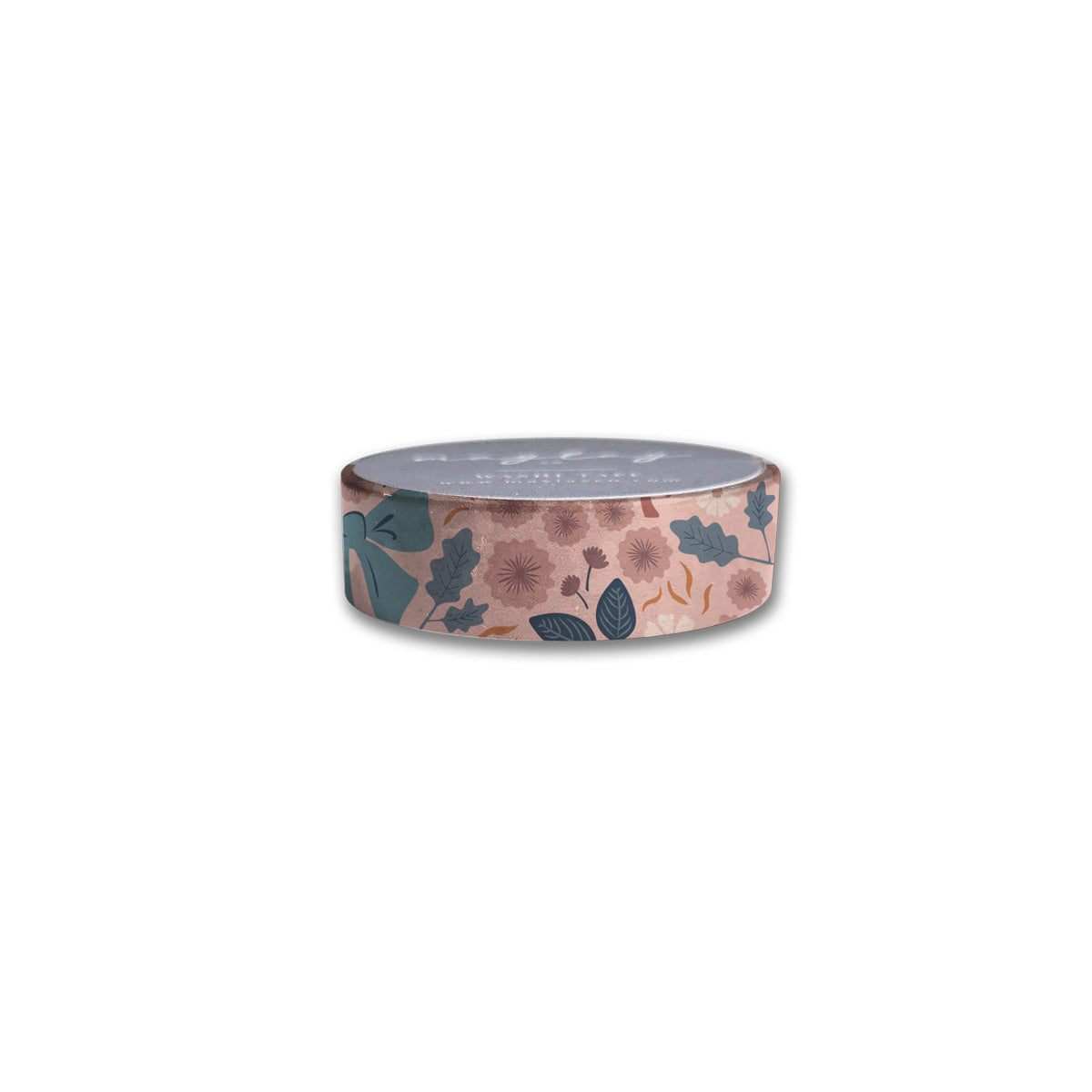 A roll of Bows Floral Washi Tape by Maylay Co., showcasing a floral design in shades of pink, green, and blue on a white background.