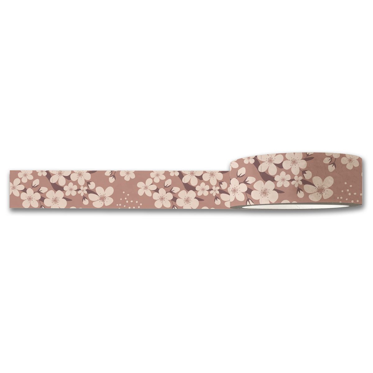 Introducing the Cherry Blossoms Washi Tape by Maylay Co., a decorative roll ideal for scrapbooking, featuring a charming floral pattern of white flowers on a brown background.