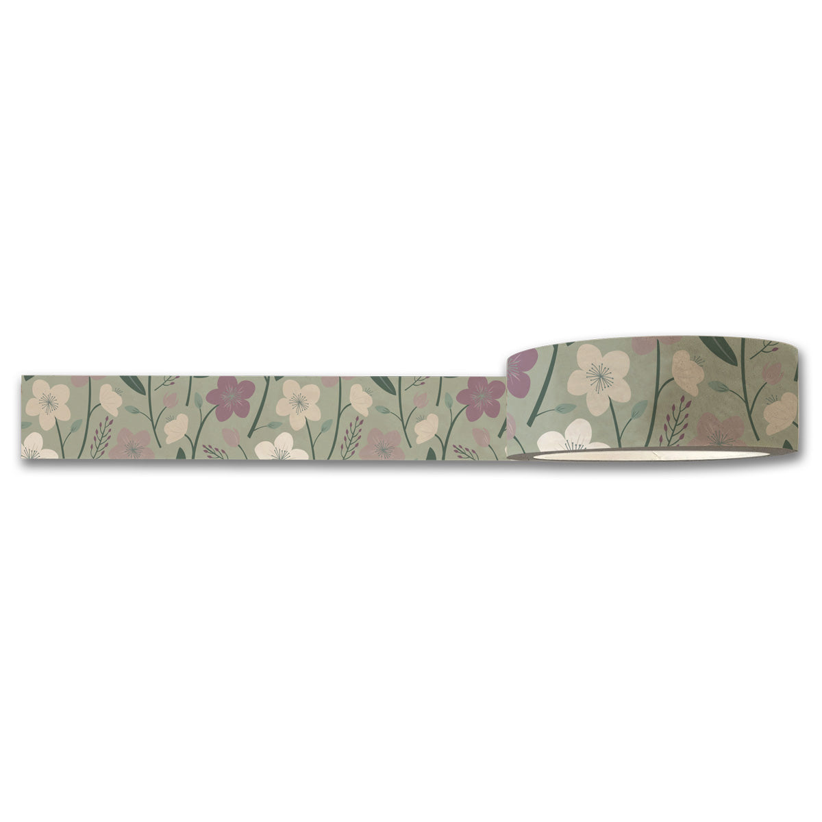 The Enchanted Garden (Green) Floral Washi Tape by Maylay Co. is a decorative roll ideal for scrapbooking, featuring pastel flowers and leaves on a muted green background to create a delicate and artistic design. The tape is partially unrolled, revealing its continuous floral pattern.