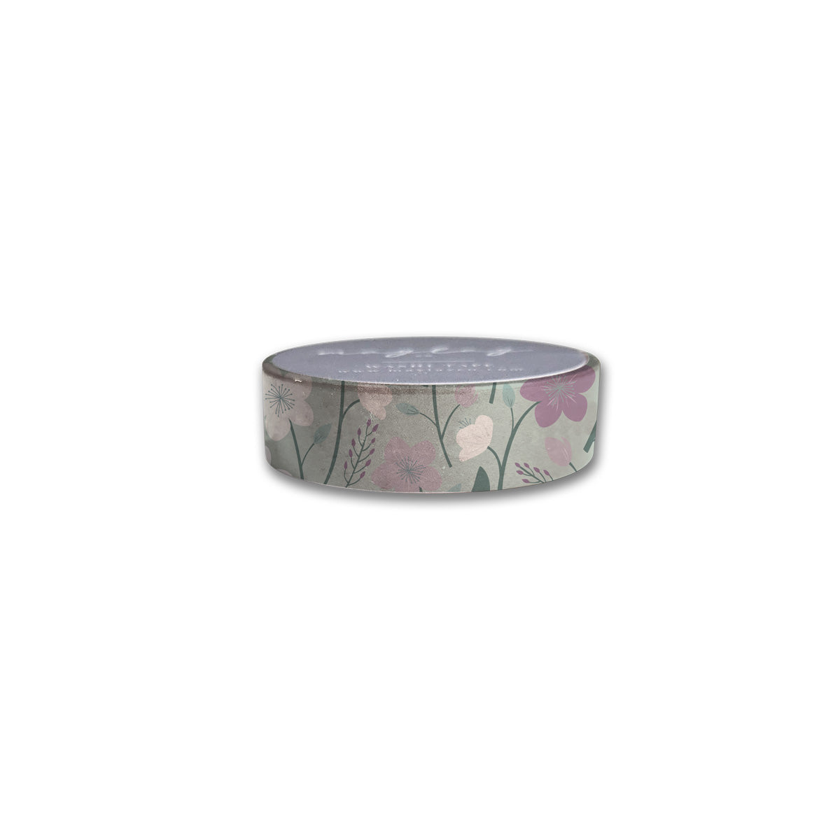 The Enchanted Garden (Green) Floral Washi Tape by Maylay Co. is ideal for storing in a round container adorned with a floral pattern in pink and green hues. The lid, with its slight reflectiveness, adds an enchanting charm, with the container beautifully contrasting against a white background.