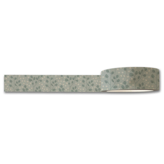 The Eucalyptus Washi Tape by Maylay Co. displays a pastel green background embellished with small white flowers and leafy branches. This partially unrolled tape highlights its charming pattern, making it an ideal addition to any project.