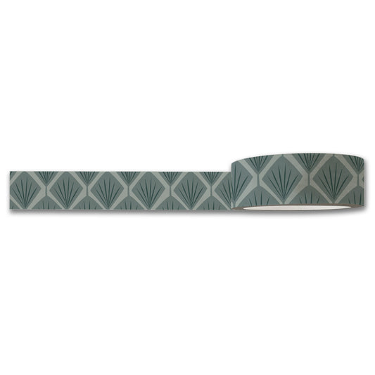 A roll of Fans Geometric Washi Tape by Maylay Co. showcases a green art deco pattern with fan-like designs, ideal for scrapbooking and journaling. The tape is partially unrolled, revealing its intricate geometric motif against a plain white background, adding an elegant touch to any creative project.