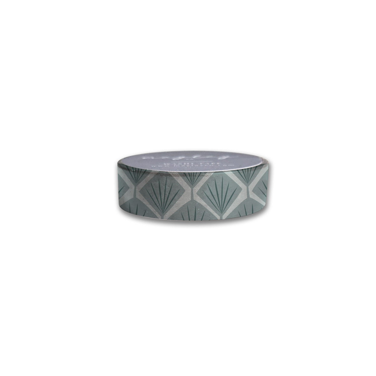 The Fans Geometric Washi Tape by Maylay Co. features a round container with an elegant geometric pattern in green and white, resembling stylized leaves or fans, suitable for storing your decorative washi tapes or scrapbooking essentials, with the top surface out of view from this angle.