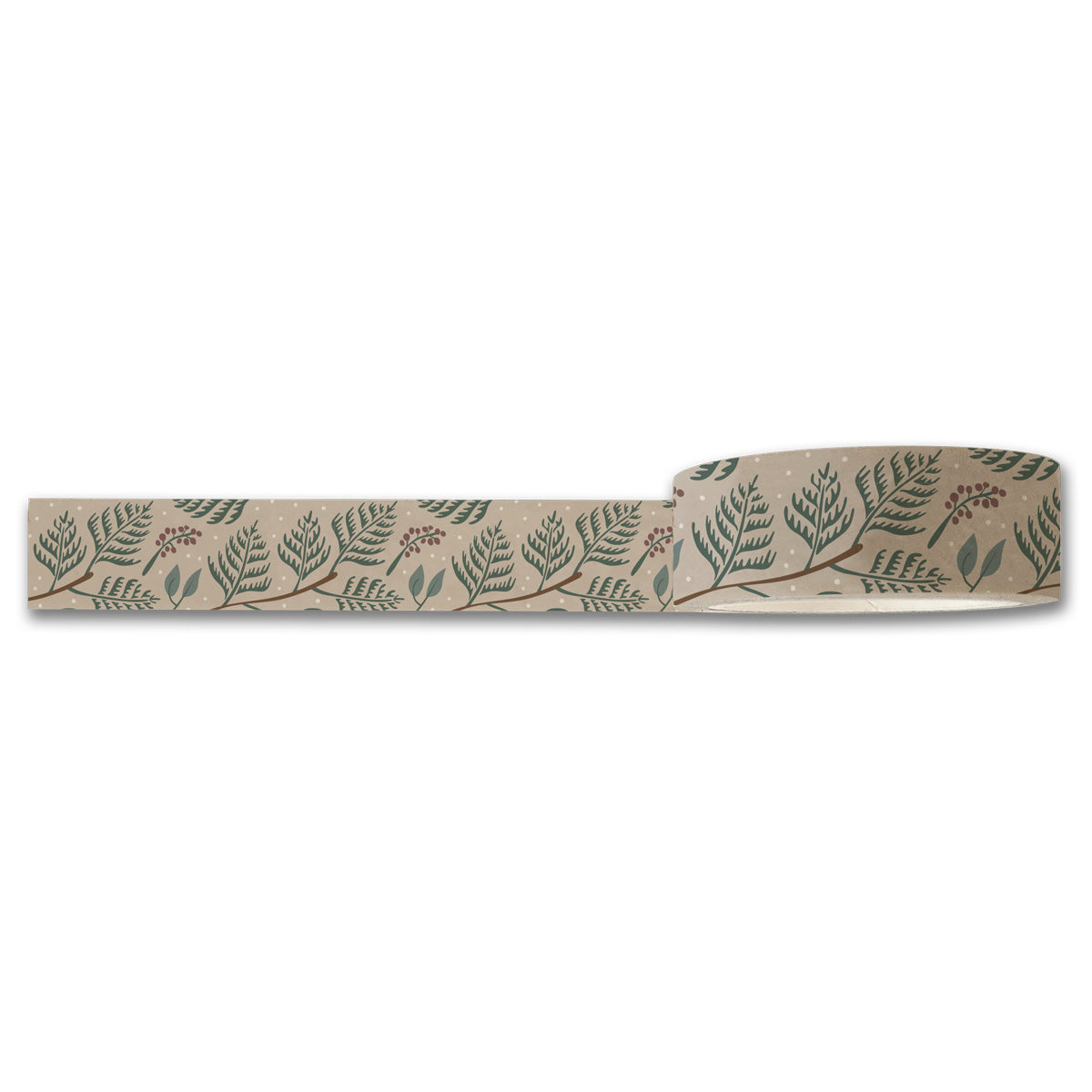 A roll of Maylay Co.'s Festive Holiday Washi Tape unfurls, showcasing a stunning pattern of green leaves, branches, and small red flowers on a light beige background.