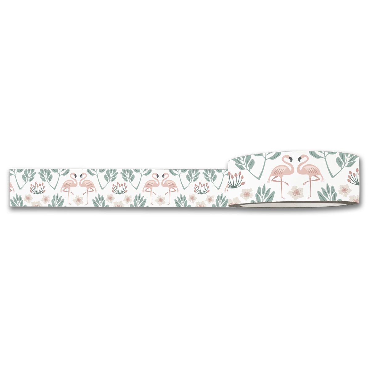 The Maylay Co. Flamingos Washi Tape showcases a pattern of flamingos, flowers, and leaves in soft pastel colors.