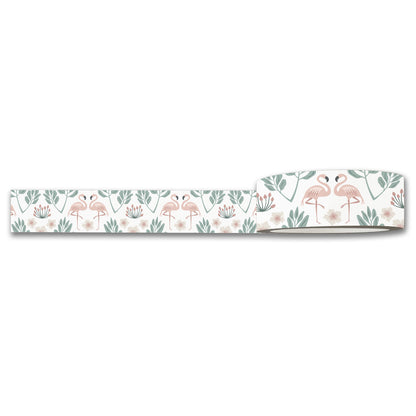 The Maylay Co. Flamingos Washi Tape showcases a pattern of flamingos, flowers, and leaves in soft pastel colors.