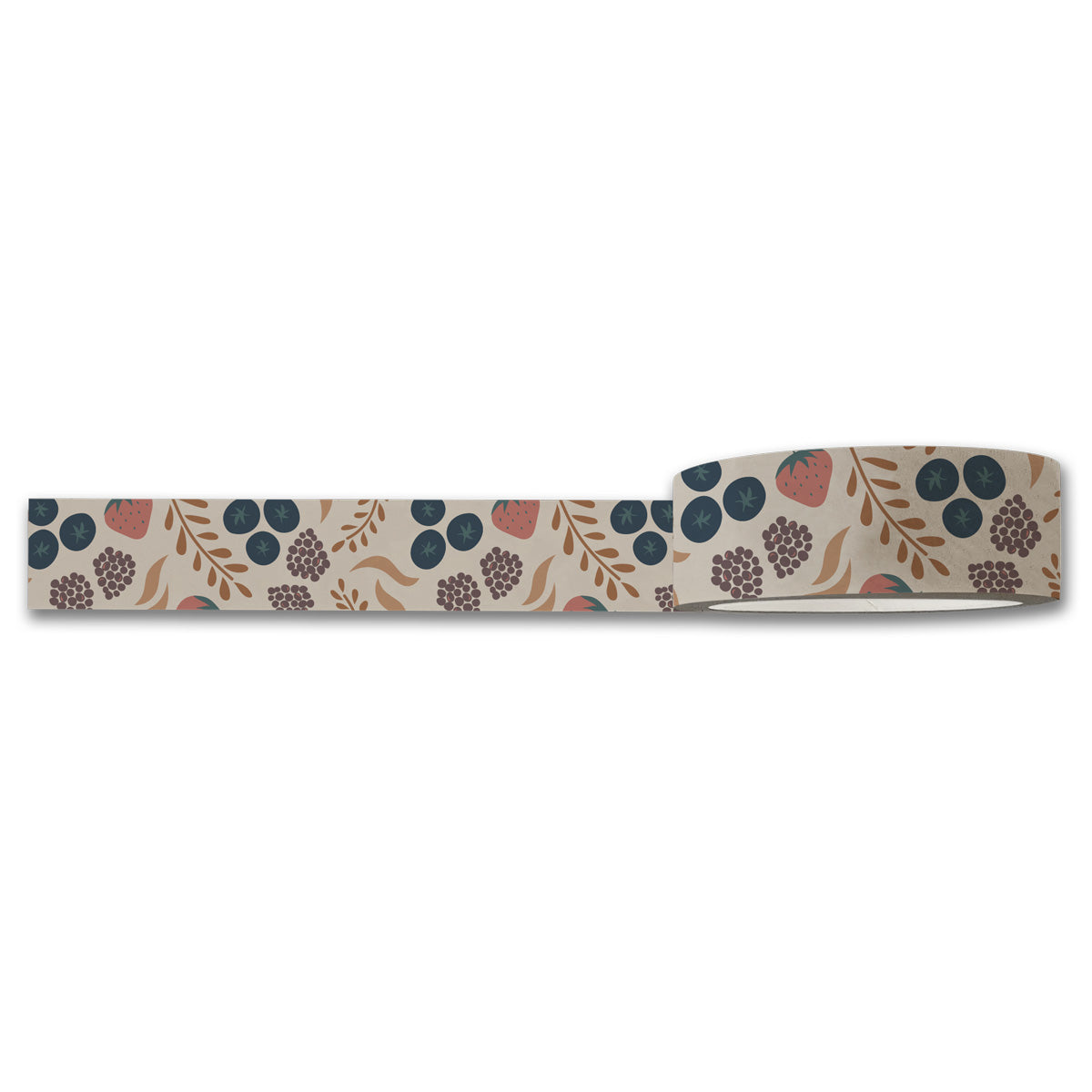 The Fruity Washi Tape by Maylay Co. offers a delightful decorative addition for scrapbooking, featuring a botanical pattern highlighted with leaves and circular shapes in dark blue, peach, and purple on a light background. The tape is partially unrolled to beautifully reveal its elegant design.