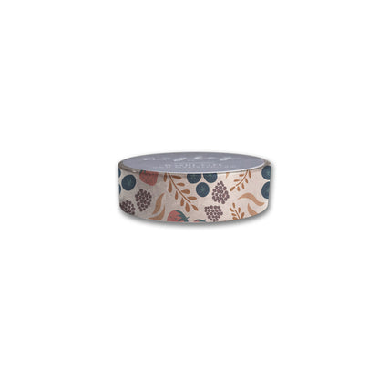 Introducing the Fruity Washi Tape by Maylay Co., which showcases a charming design of leaves, berries, and abstract shapes in calming tones such as blue, brown, and pink. Ideal for scrapbookers, its circular design and smooth texture make it an essential decorative item.