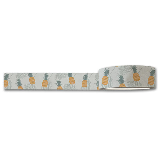 Introducing the Maylay Co. Golden Washi Tape, ideal for scrapbooking with its delightful pattern of yellow pineapples and green leaves set against a light background. The tape comes slightly unrolled to showcase the cheerful pineapple design that repeats throughout its length.