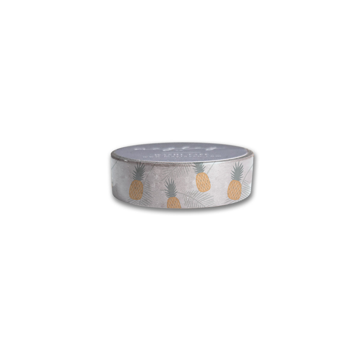 Maylay Co.'s Golden Washi Tape is a round roll of decorative tape that showcases a pattern of yellow pineapples and light gray leaves on a reflective silver background, perfect for adding a tropical touch to your scrapbooking projects.