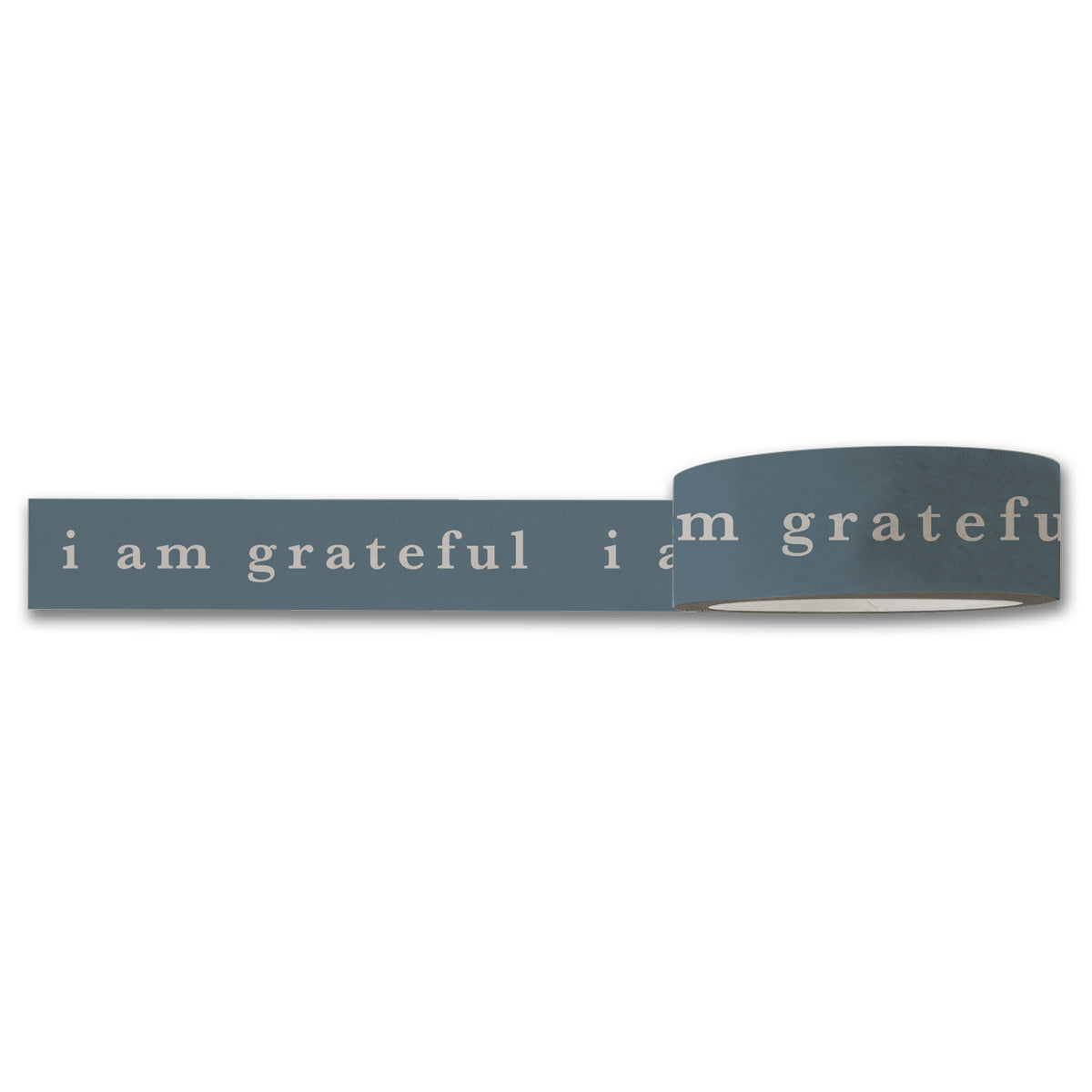 A roll of slate blue decorative washi tape from Maylay Co., featuring the phrase "i am grateful" repeatedly printed in white lowercase letters. This I Am Grateful Washi Tape is perfect for scrapbooking or journaling, with a section partially unrolled to display the text clearly.