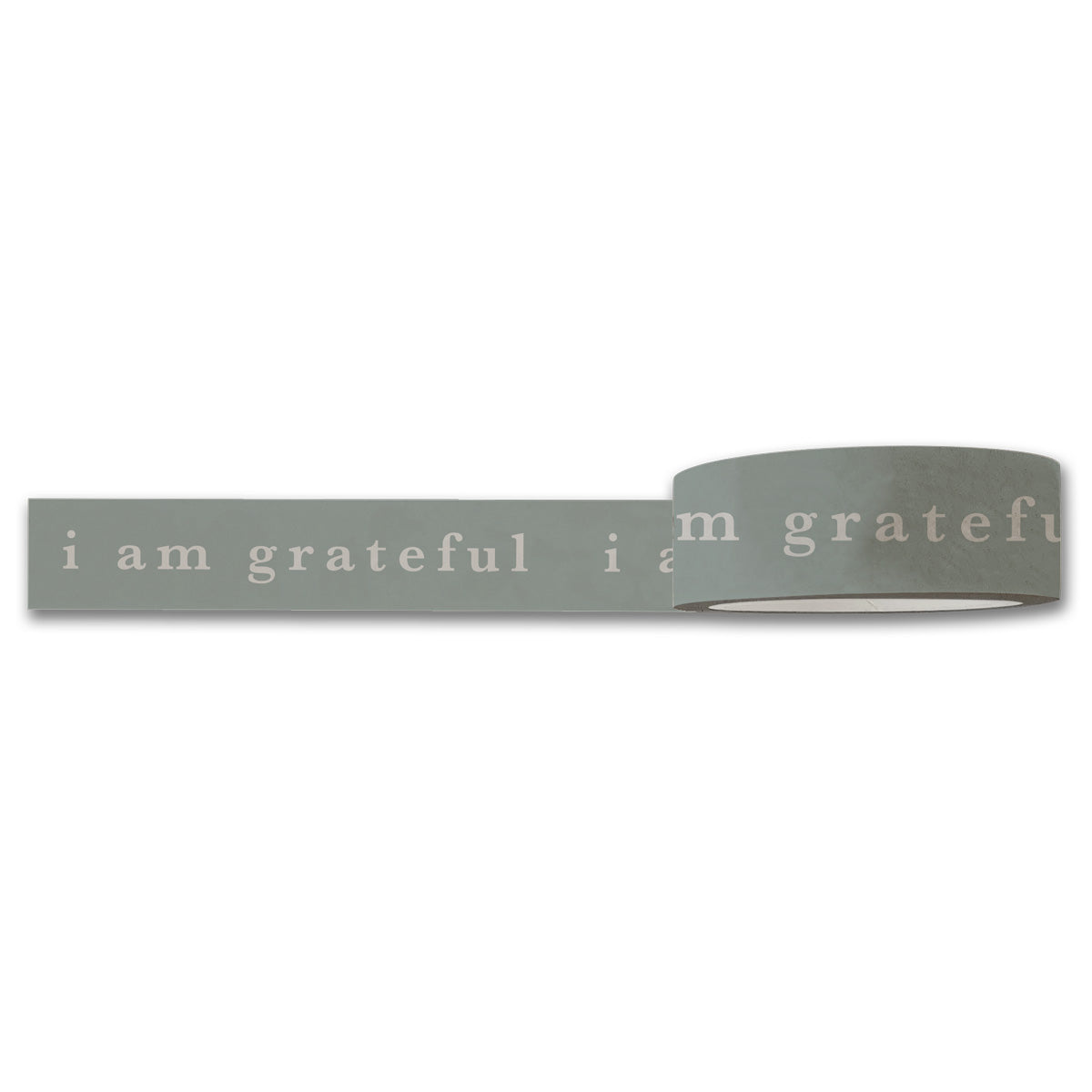 A partially unrolled roll of Maylay Co.'s "I Am Grateful Washi Tape - Sage Green" displays the repeated phrase "I am grateful" in a light color on a muted green backdrop, making it ideal for bringing positivity to scrapbooking or journaling projects.