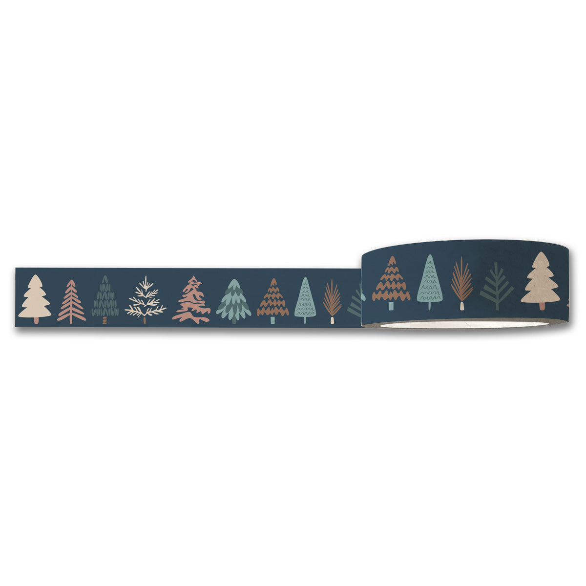 Introducing the Maylay Co. Happy Forest Washi Tape, a perfect addition to your scrapbooking projects. This roll showcases a repeating pattern of stylized trees—pines, firs, and abstract shapes—in various colors on a dark background.