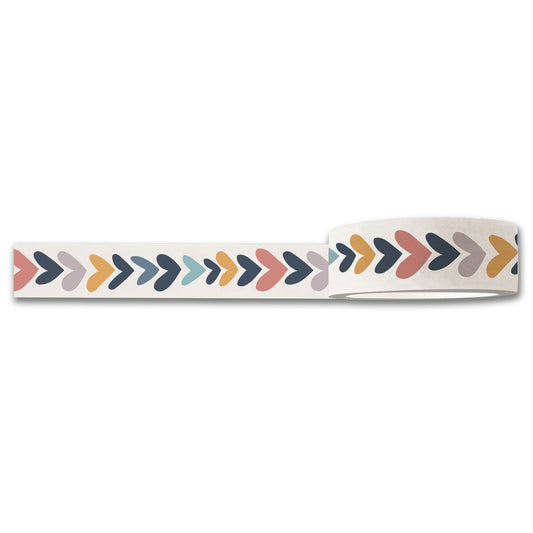 The Heartwood Washi Tape by Maylay Co. is ideal for scrapbooking, showcasing a repeating pattern of multicolored arrow shapes in shades of blue, orange, pink, and gray against a white background.