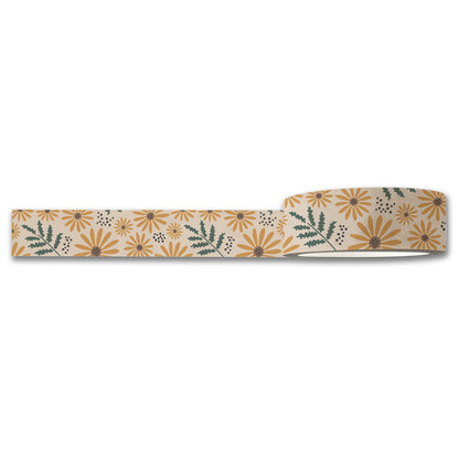 The "Hello Daisy Washi Tape" by Maylay Co. features a charming floral pattern with yellow daisies and green leaves on a beige background. Perfect for scrapbooking, the tape is presented in a partially unrolled state.