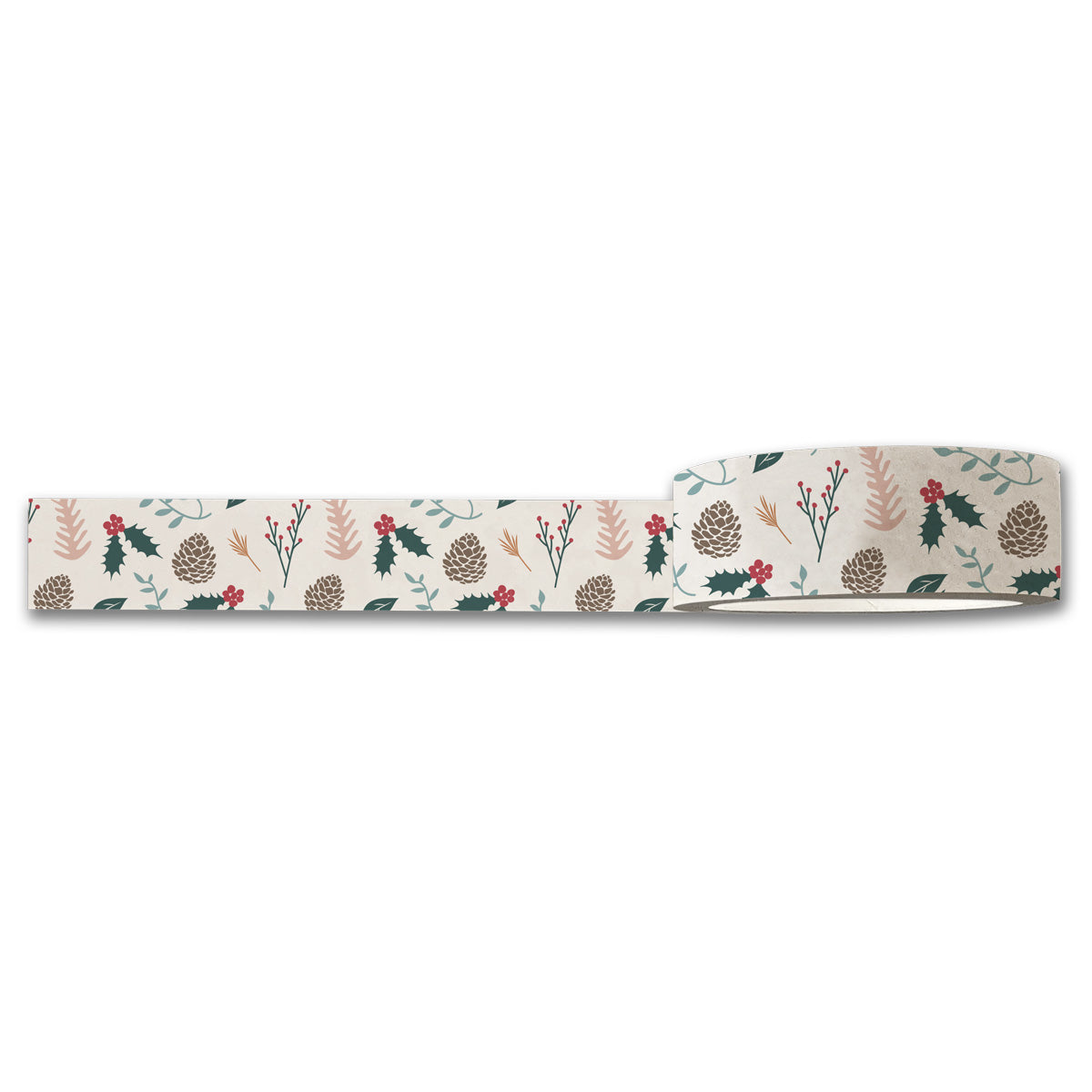 Enhance your scrapbooking or journaling projects with Maylay Co.'s Holiday Foli Washi Tape, featuring a festive design of pinecones, red berries, holly leaves, and twigs on a white background.