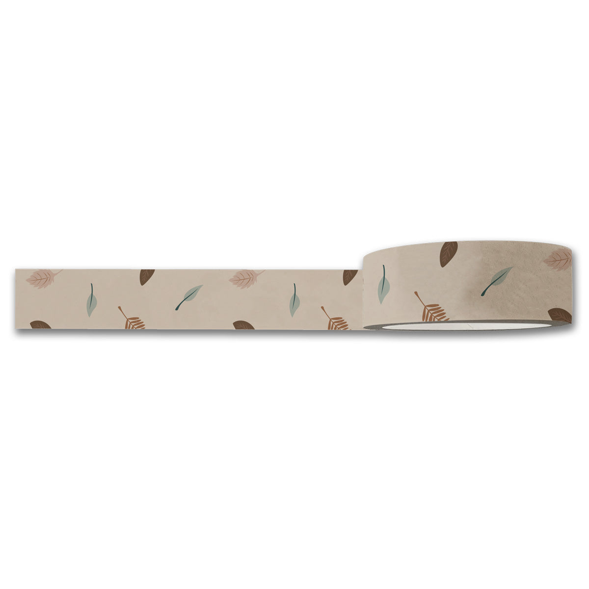 Introducing the Leaves Washi Tape from Maylay Co., ideal for scrapbooking. This decorative tape showcases a neutral beige background adorned with a charming pattern of small, scattered leaves in green, brown, and orange hues. Partially unrolled, it beautifully exhibits its intricate design.