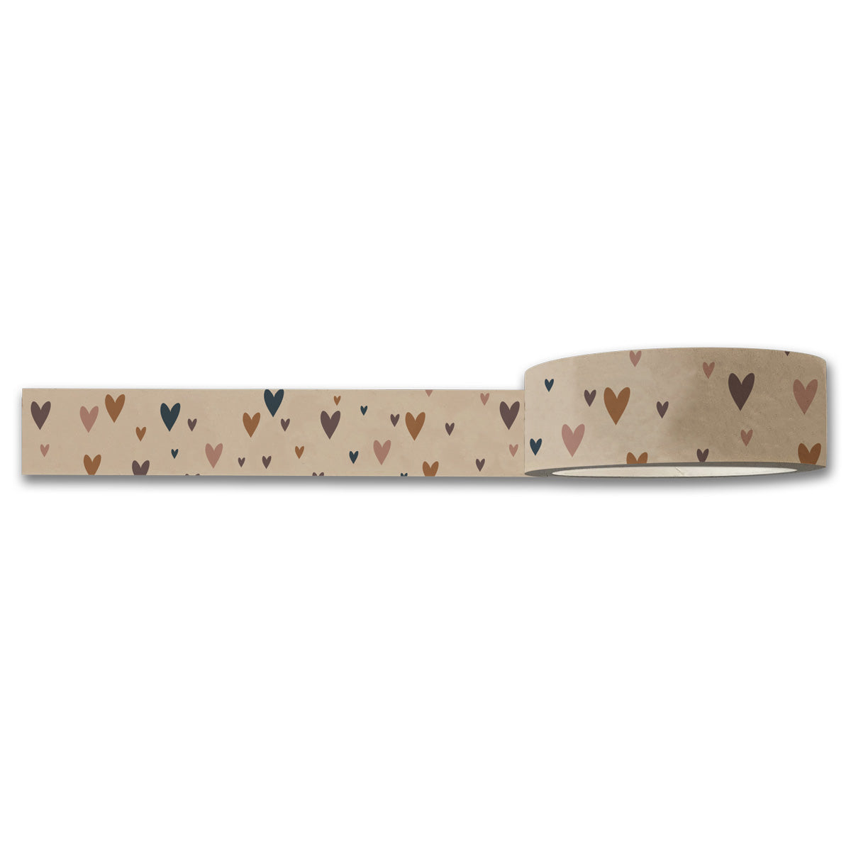 The Little Hearts Washi Tape by Maylay Co. features a charming design of small, multicolored hearts in brown, black, and pink against a beige background. This tape is perfect for scrapbooking projects and looks stunning on a white surface.