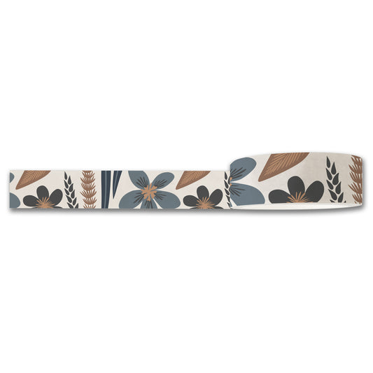 Unrolling the Misty Bloom Floral Washi Tape by Maylay Co. reveals large flowers and leaves in blue, brown, and beige on a white background. It's the perfect addition to bring elegance to your scrapbooking or journaling projects.