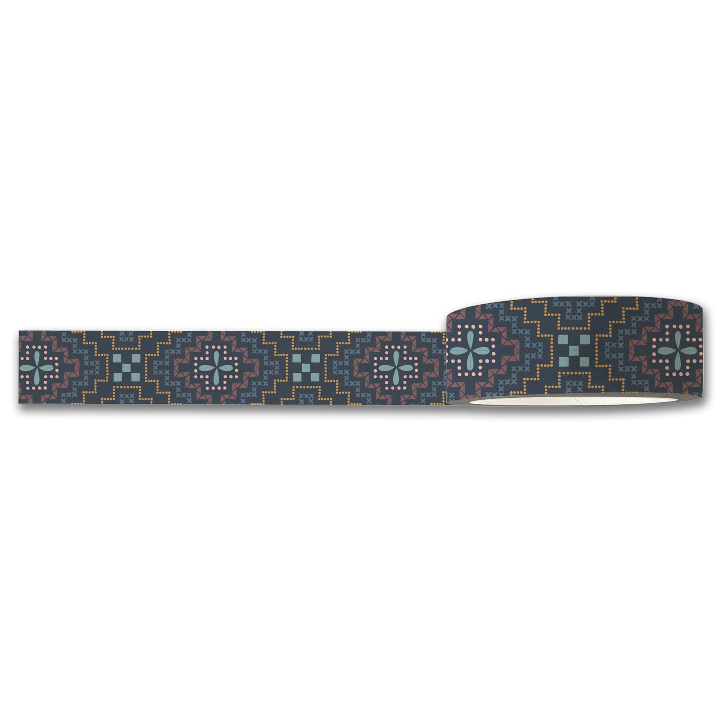 The Needlepoint Washi Tape by Maylay Co. is adorned with a geometric tribal pattern in teal, pink, yellow, and white set against a dark gray background. This design incorporates intricate shapes and lines to form a symmetrical motif ideal for scrapbooking projects.