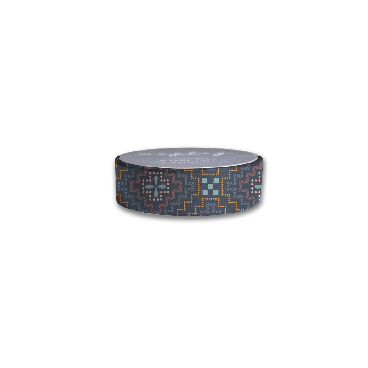 Introducing the Maylay Co. Needlepoint Washi Tape, adorned with a geometric pattern in blue, black, and orange on a white background—ideal for scrapbooking enthusiasts.