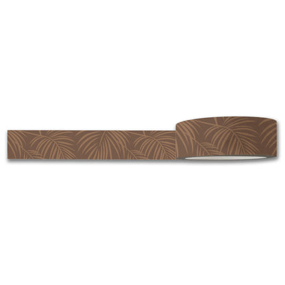 The Palms Washi Tape by Maylay Co. is ideal for scrapbooking and journaling, featuring an intricate brown and tan palm leaf pattern. Partially unrolled, it beautifully displays its detailed design.