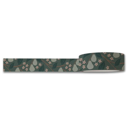 The Pears Washi Tape by Maylay Co. showcases a charming pattern of pears, leaves, and small flowers set against a dark green background. Ideal for journaling or scrapbooking projects, this tape unveils its seamless design when unrolled.