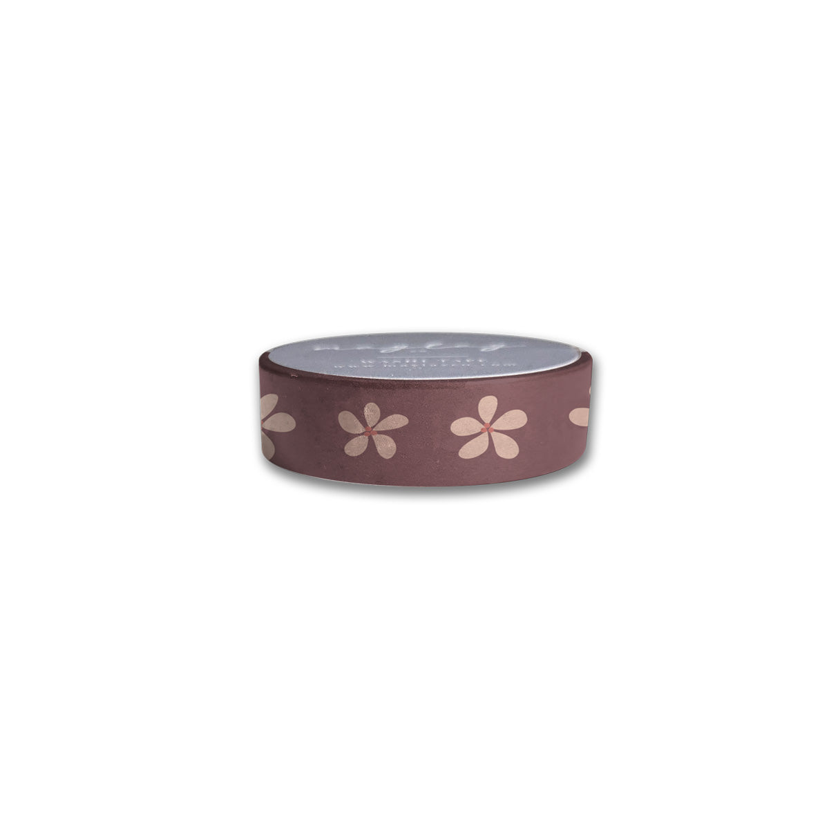 The Posy Floral Washi Tape by Maylay Co., featuring light pink flower patterns on a brown background, is displayed from the side against a plain white backdrop. Ideal for scrapbooking enthusiasts and craft lovers alike.