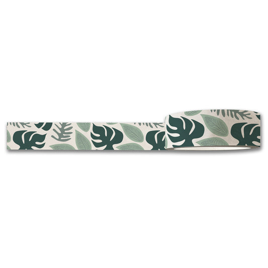 The Rainforest Washi Tape by Maylay Co. features a pattern of lush green tropical leaves on a crisp white background, showcasing various leaf shapes in vibrant shades of green. The intricate leaf print is perfectly highlighted as the tape is partially unrolled.