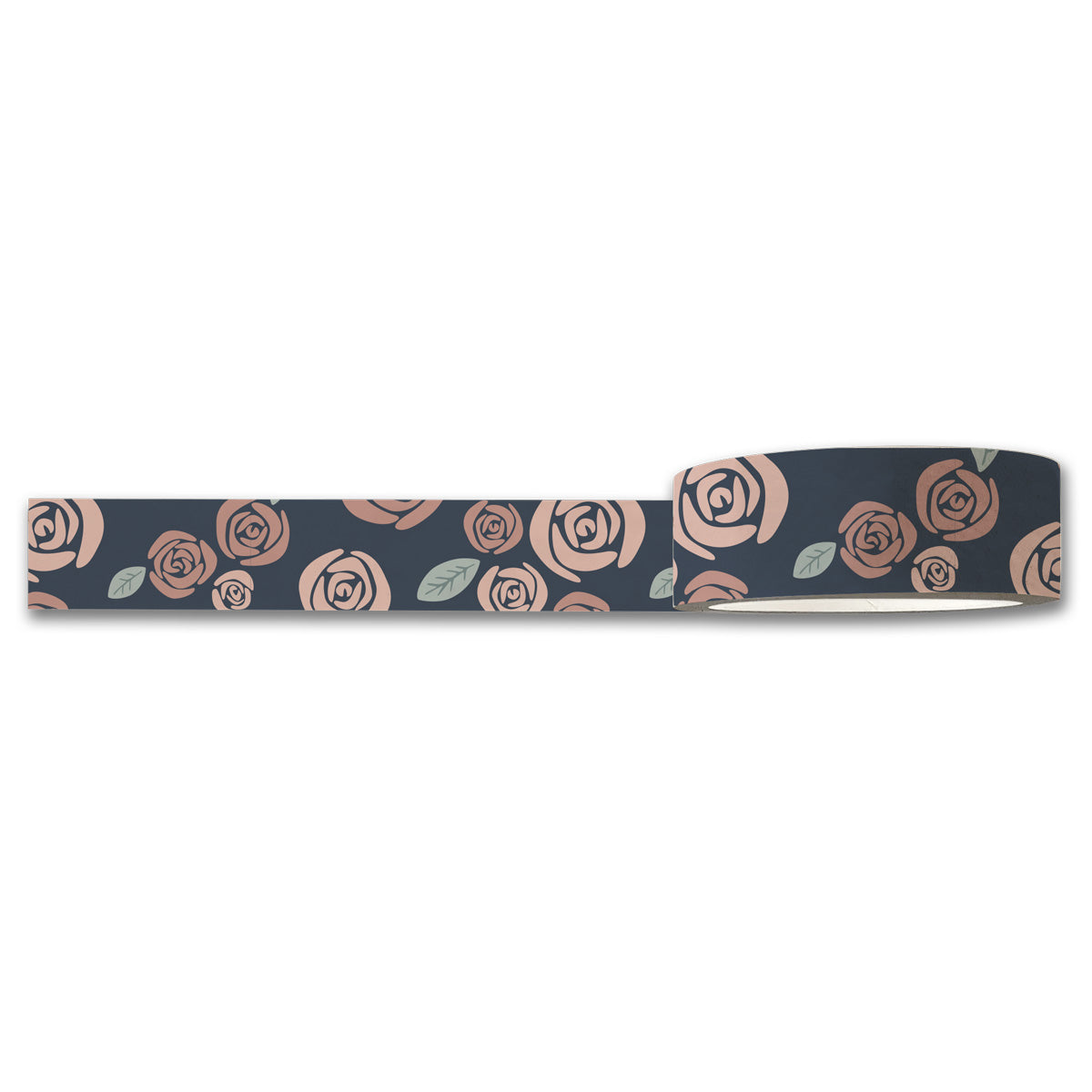 A roll of Roses Washi Tape by Maylay Co. displays a design of pink roses and green leaves set against a dark background. The partially unrolled tape beautifully highlights the intricate pattern.