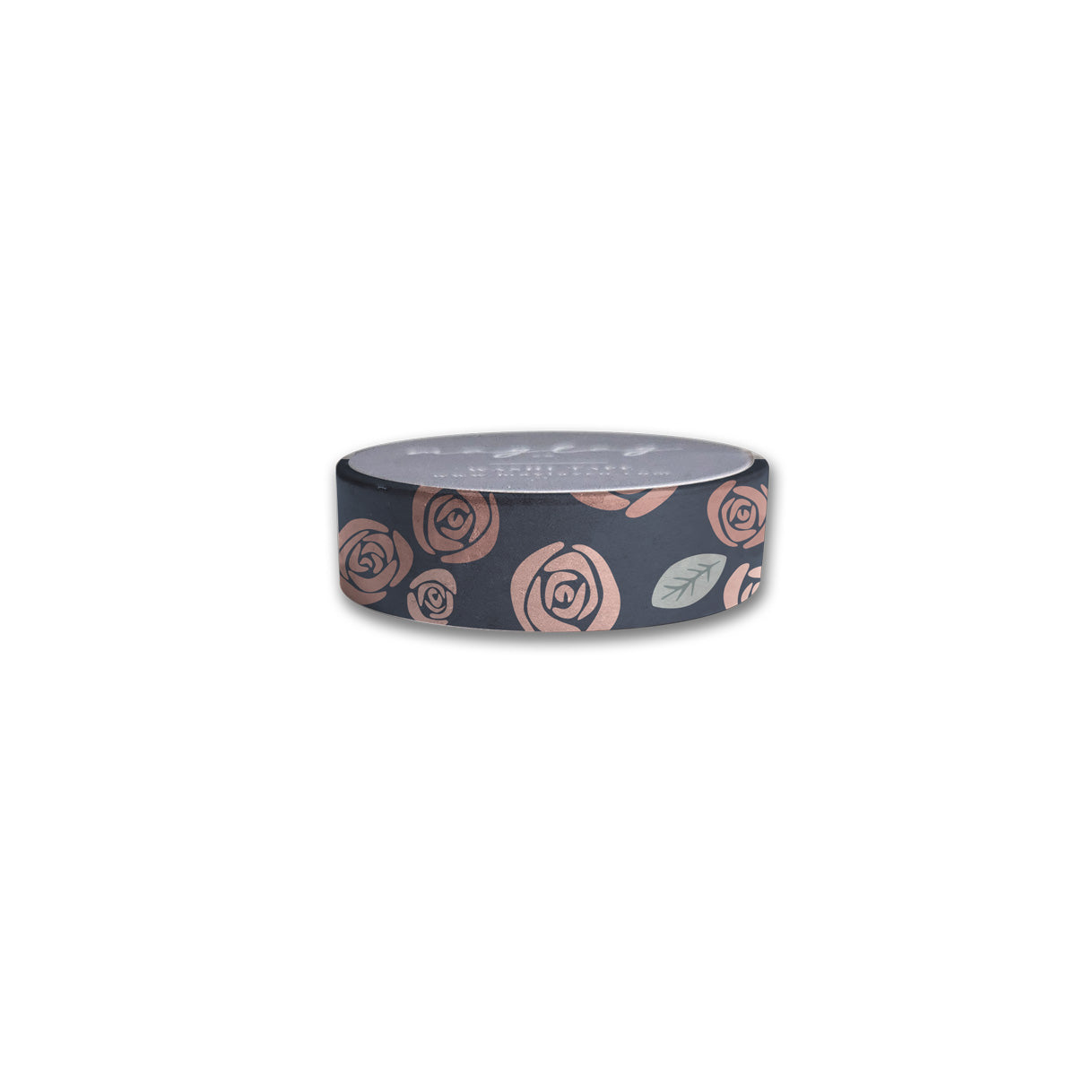 The Roses Washi Tape by Maylay Co. showcases a charming pattern with pink roses and green leaves set against a black background, seamlessly repeating around the roll.