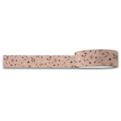 The Sachet Washi Tape by Maylay Co. is ideal for journaling or scrapbooking, showcasing a beige background adorned with a delicate pattern of small, scattered flowers and leaves in muted colors. The design beautifully combines charming pink, purple, and brown hues.