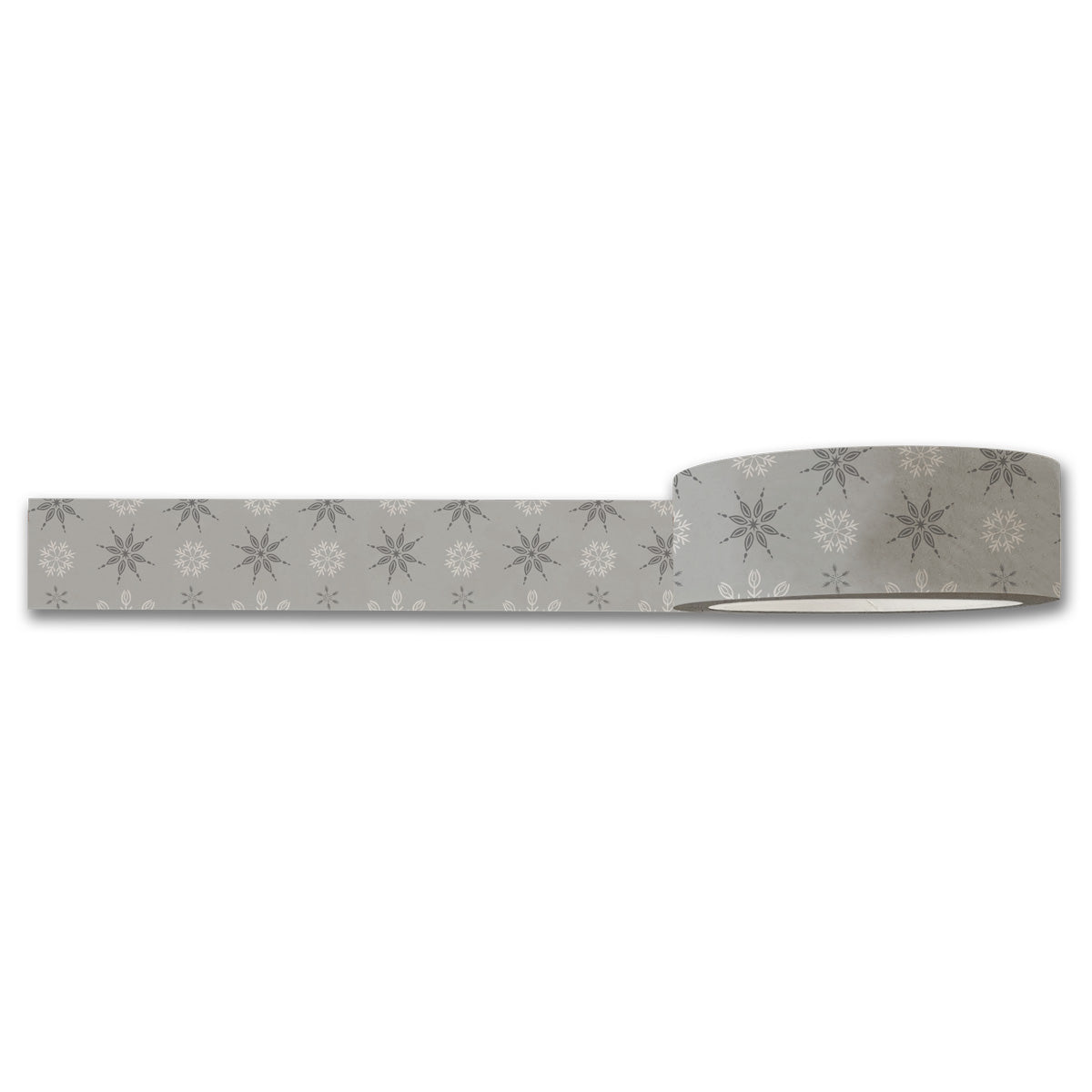 A roll of Maylay Co.'s Snowflakes Washi Tape, featuring a silver and gray snowflake design, partially unrolled against a plain white background—ideal for scrapbooking projects.