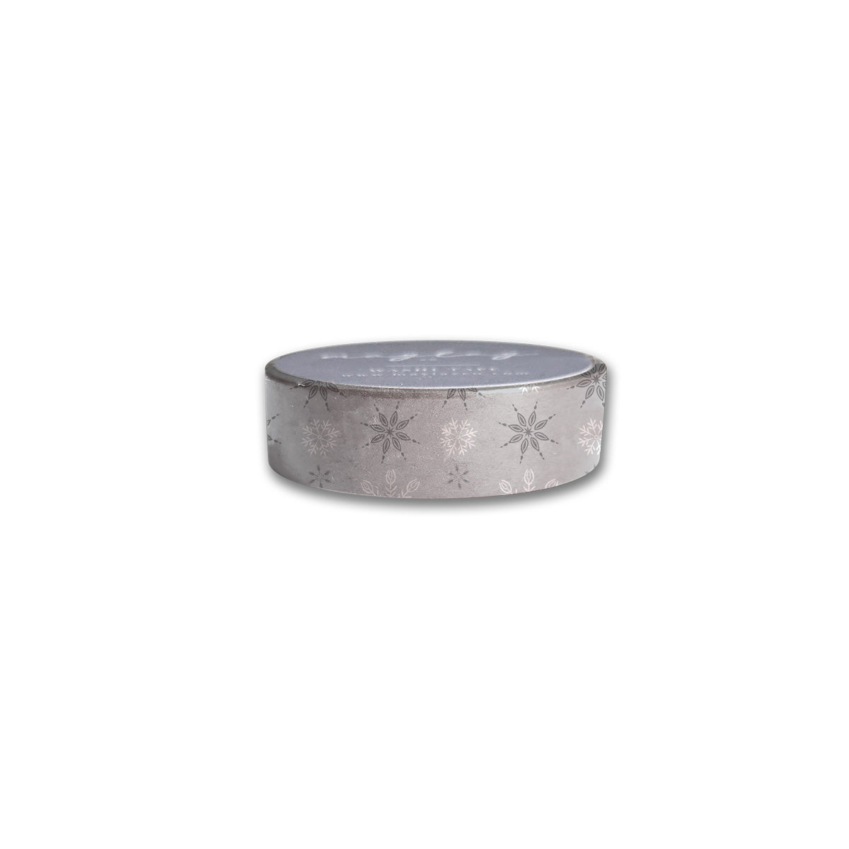 Introducing the Snowflakes Washi Tape by Maylay Co., perfect for scrapbooking. This decorative tape showcases a silver background with a pattern of white and silver snowflakes, elegantly positioned on its side against a plain white backdrop.