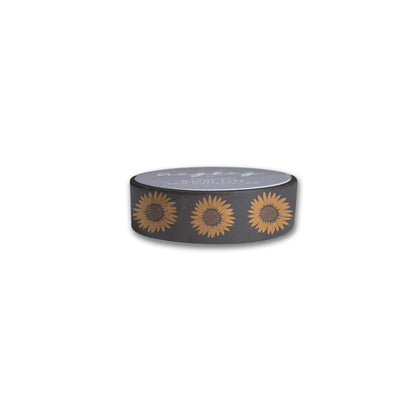 The Sunflowers Floral Washi Tape by Maylay Co. features a bold black background embellished with vibrant yellow and brown sunflowers, making it ideal for infusing elegance into your scrapbooking projects.