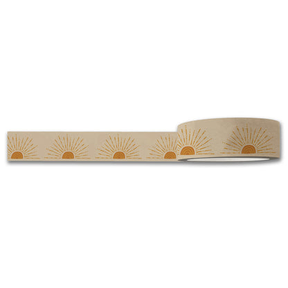 The Sunrise Washi Tape by Maylay Co. is a roll of decorative beige washi tape, ideal for journaling or scrapbooking, featuring a pattern of orange sun illustrations with lines radiating outward to evoke sunrise motifs. When partially unrolled, the repeated sunny design is revealed.