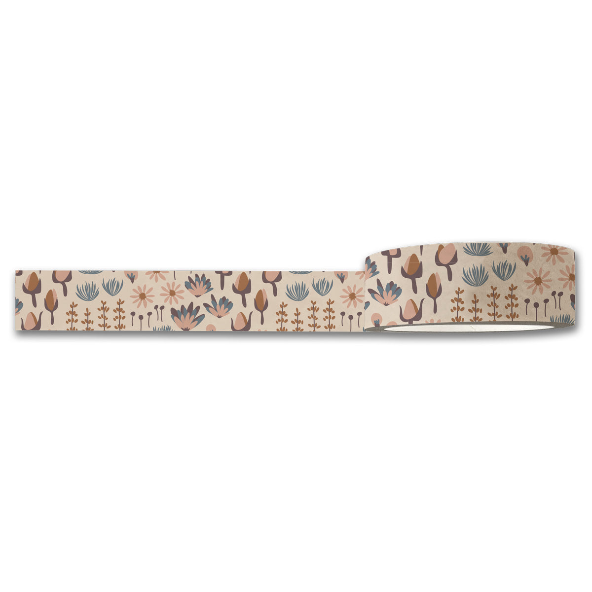 Introducing the Sweetness Washi Tape from Maylay Co., adorned with a nature-inspired pattern that showcases beautiful stylized trees, leaves, and flowers in muted earth tones. This charming design repeats along the length of the tape, making it perfect for all your creative projects.