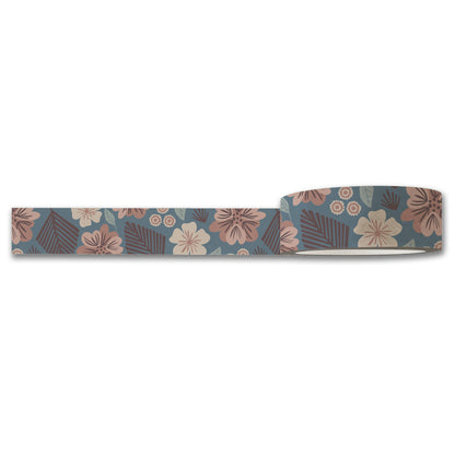 Introducing the Tropic Garden Washi Tape by Maylay Co., ideal for scrapbooking projects. This decorative tape displays a charming floral pattern with pink and beige flowers and leaves set against a muted teal backdrop. The partially unrolled tape beautifully highlights its delightful design.