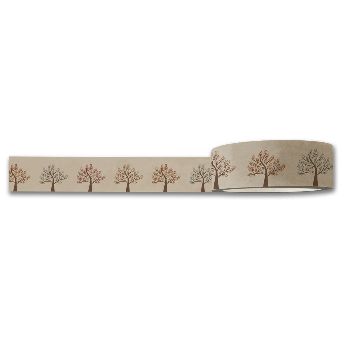 The Walk in the Park Trees Floral Washi Tape by Maylay Co. features a charming design of trees with brown trunks and branches, adorned with red and gray leaves. Ideal for scrapbooking projects, this tape unrolls to showcase a repeated tree motif set against a light brown background.