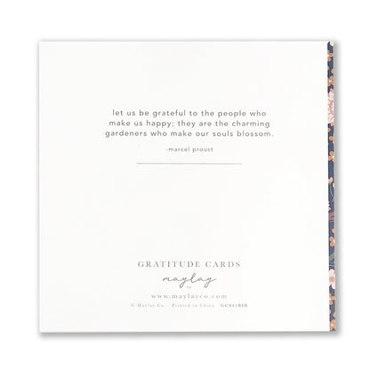 The Birdy Gratitude Greeting Cards by Maylay Co. feature a heartfelt quote by Marcel Proust: "Let us be grateful to the people who make us happy; they are the charming gardeners who make our souls blossom." The design includes an elegant floral border on the right edge, making them perfect for expressing thanks.